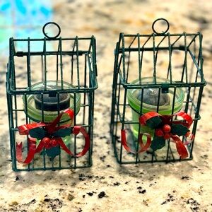 2 Christmas green mini candle cage hanging decor